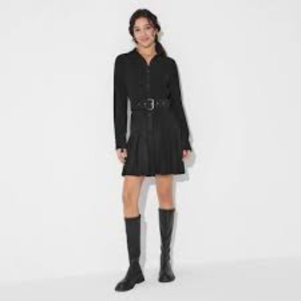 ~Women's Long Sleeve Suede Mini Shirtdress - Wild Fable Black~XS~NWT's